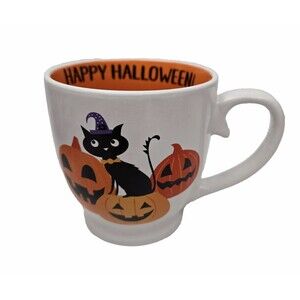 Happy Halloween Oversize Coffee Mug Black Cat Pumpkins Jack O' Lanterns Orange